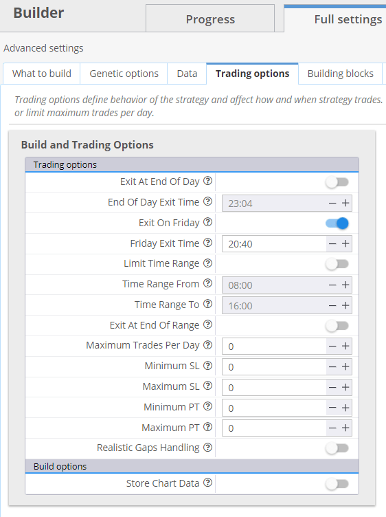StrategyQuant Trading options config