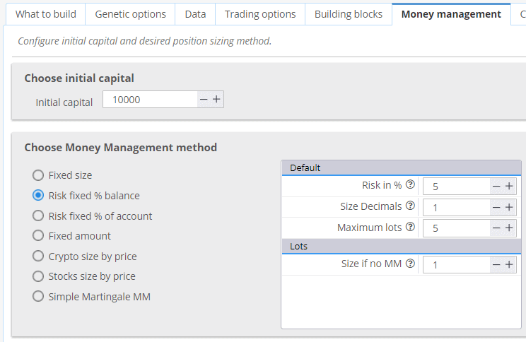 StrategyQuant extendable money management options