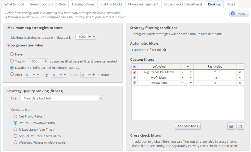 StrategyQuant ranking and filtering conditions